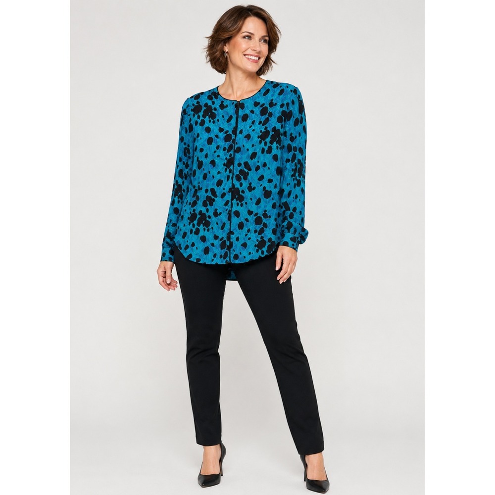 Vintage Flora Kung II New York Silk Shirt Womens 4 Teal Blue Abstract Print